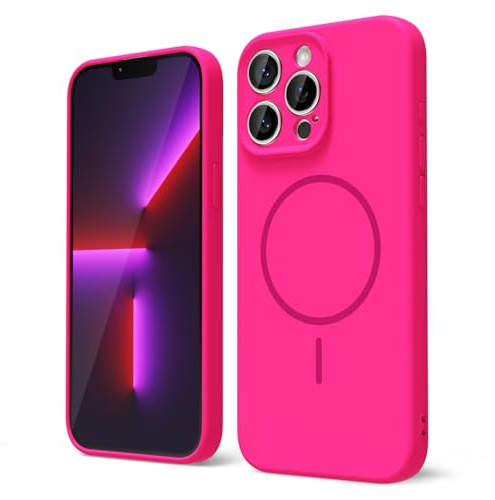 oakxco for iPhone 13 Pro Case Silicone Mag Safe, Magnetic Slim Thin Phone Case Compatible with Magsafe, Women Girls Cute Girly Bright Fluorescent Rubber Gel Safecase with Camera Cover, Neon Hot Pink