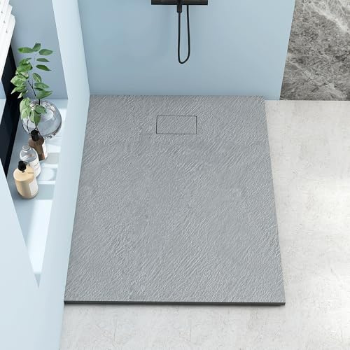 MEDUNJESS Duschwanne 140x90 cm SMC Flache Antirutsch Schieferoptik Duschtasse, 26mm Zuschneidbare Brausewanne mit SMC Deckel, Ø 90mm Ablauföffnung Grau (ohne Siphon)