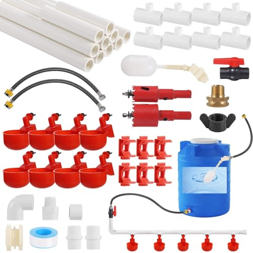 yeeplant Komplettes automatisches Hühner-Bewässerungssystem, PVC-Rohre, Gartenschläuche, Schwimmerventil, auslaufsicheres Wasserbecher-Set