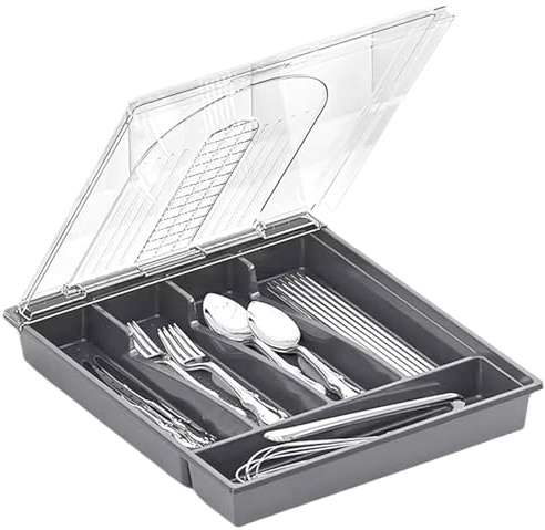 Jorzer Silverware Storage Box Silverware Organizer with Lid, Covered Utensil Tray for Kitchen Drawer Countertop, Plastic Cutlery and Flatware Storage Box, Grey