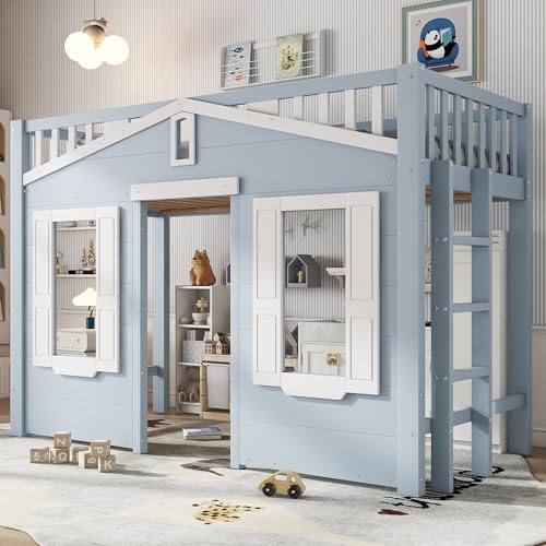 EINHOM Kinderbett 90x200cm, Etagenbett mit Fenstergestaltung, Hochbett mit Vier Stufen Treppe, Rausfallschutz Geländer, Geeignet für Teenager, Kiefer+Sperrholz, Blau (Ohne Matratze)