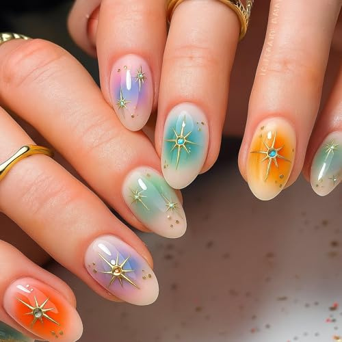 Dreamy Gradient Press On Nails with Star & Crystal Accents in Oval Shape - Short to Medium Length Artificial Nails with High Gloss Finish in Pastel Purple, Blue, Orange & Mint Green for Women's Daily