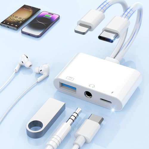 USB C to Lightning OTG Adapter for iPhone 17/6/15 Series with 60W Charging, 3in1 Lightning to USB Adapter with USB Port + 3.5mm Aux Audio Earphones Splitter for Keyboard/Mouse/USB Drive/Headphones