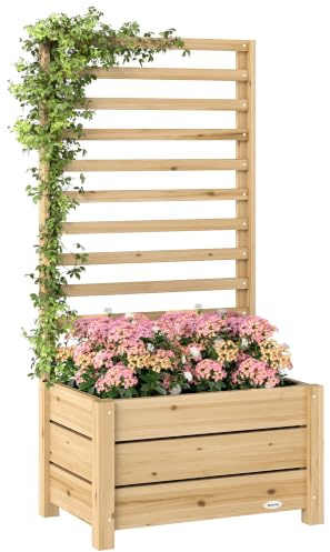 Outsunny Jardinière avec Treillis Drainage 60 x 39 x 120 cm Bois Naturel | Bac à Fleurs, Lit Surélevé avec Brise-Vue, Doublure Intérieure, pour Plantes Grimpantes, Légumes, Fleurs