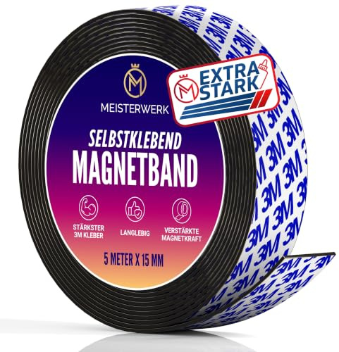 MEISTERWERK Magnetband selbstklebend stark - 5 Meter I (EXTRA STARKER Marken-KLEBER) - Magnetstreifen selbstklebend - Magnetklebeband mit optimierter Magnetkraft - Magnet Klebeband