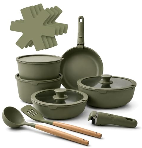 GEM+ | 17 Piece Cookware Set with Removable Handles, Non Stick Pots and Pans Set, Aluminium Kitchen Cookware Set, Induction Gas Electric Compatible, Frying Pans Saucepans Cooking Set (Sage)
