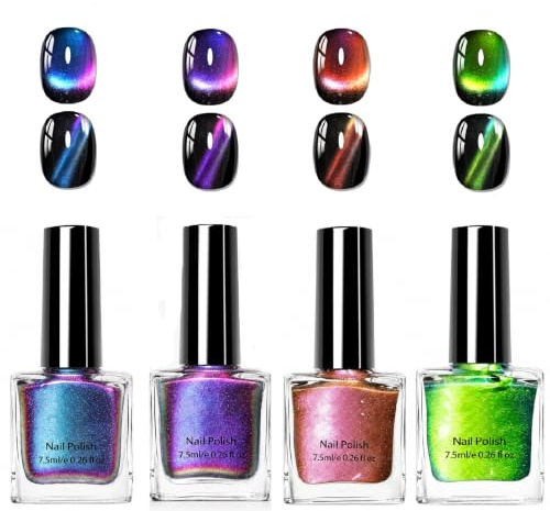 Cat Eye Nail Polish Set, 4 Colours Magnetic Nail Varnish, 7.5ml Quick Dry Non Gel Shimmer Chameleon Nail Polish, No UV Lamp Needed, Magnet Wand Not Included, DIY Manicure Gift for Women Girls