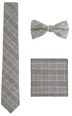 WANYING Herren Baumwolle 6cm Schmale Krawatte & Gebundene Fliege & Einstecktuch 3 in 1 Sets Trendmode Casual - Klein Kariert Grau