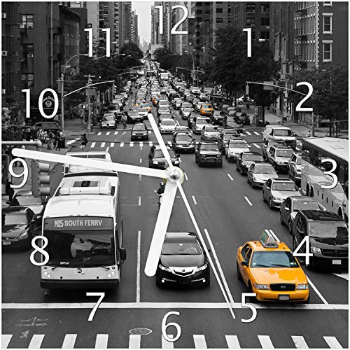 Wallario Design-Wanduhr New York Yellow Taxi I aus Glas, Motiv-Uhr Größe 20 x 20 cm, weiße Zeiger