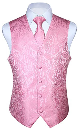 HISDERN Gilet Costume Homme Rose Paisley Mariage Gilet Cravate Pochette Mouchoir Jacquard Gilets Sans Manche Hommes Ensemble 5XL