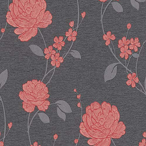 AS Creation Floral Leaf Flowers Glitter Embossed Wallpaper 10m Luxury Textured Vinyl Roll Red Black Grey 36701-3