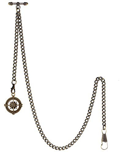 TREEWETO Men's Albert Chain Pocket Watch Curb Link Key Chain 2 Hooks with Antique Compass Bronze Pendant Design Charm Fob T Bar