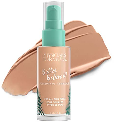 Physicians Formula, Murumuru Butter Believe It! Foundation + Concealer, cremige Foundation und Concealer für strahlenden Glanz, mit Murumuru-Butter, Cupuaçu und Tucuma, Hautton: Light - Medium