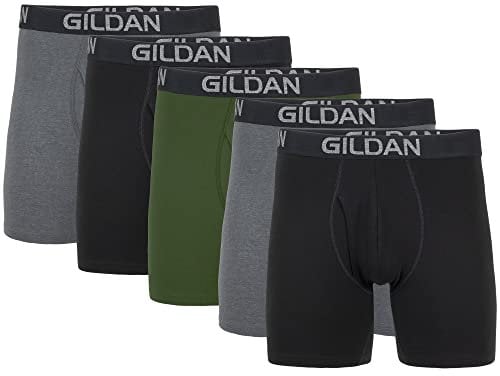 Gildan Herren Cotton Stretch Boxer Brief, Multipack Retroshorts, Heather Dark Grey/Black Soot/Green Midnight (5er-Pack, Regular Leg), XX-Large