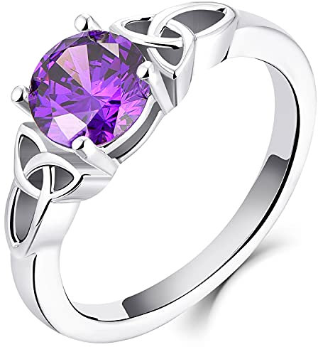 YL Keltischer Ring 925 Sterling Silber Februar Geburtsstein Amethyst Zirkonia Solitaire Ring Verlobungs-Ehering für Brautfrauen Women(Größe 56)