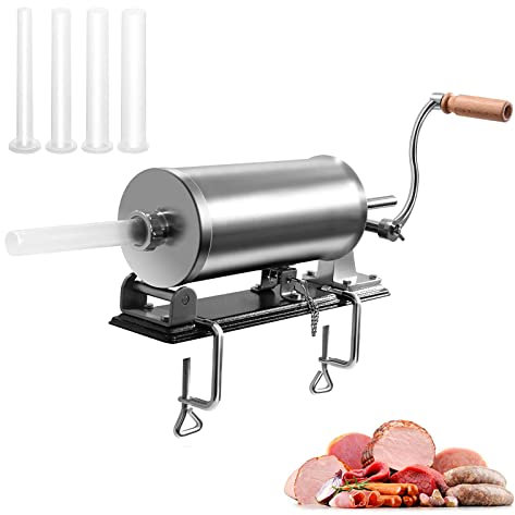 Manueller Wurstfüller Küche Wurstmaschine aus Edelstahl Wurstpresse Wurstspritze mit 4 Füllrohre & Tischklemme, Professionelle Wurstfüllrohre
