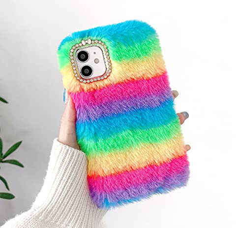 Awenroy for iPhone 4 / iPhone 4S Plush Case Flexible Silicon Soft Fluffy Furry Cute Case Shockproof Back Bumper Cover with Glitter Diamond Bowknot Case - Rainbow