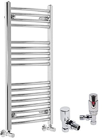 Warmehaus Contemporary Curved Heated Bathroom Towel Rail Radiator Rad 900 x 450mm Chrome - with Angled Thermostatic Radiator Valve TRV Pack