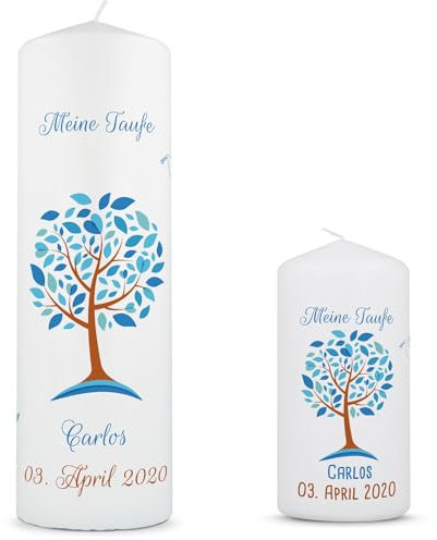 GRAVURZEILE Taufkerze Lebensbaum - Kerze mit Namen, Datum & Taufspruch - Hochwertige Stumpenkerze 250/80 mm brilliant bedruckt - Personalisiertes Taufgeschenk für Mädchen & Jungen - Blau Set