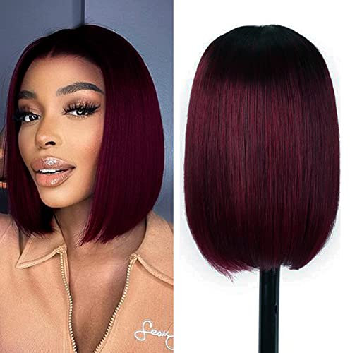 DÉBUT Ombre Rot Gerade Bob Perücken Menschliches Haar T Teil Spitze Front Bob Perücke Vorgezupft mit Babyhaar 150% Dichte Brasilianisches Jungfernhaar für Frauen(20 cm, Ombre Rot)