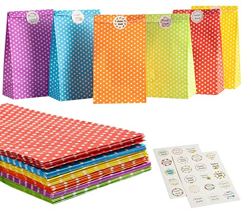 30 Stück Papiertüten Geschenktüten Kindergeburtstag klein Papier Tüten Geburtstagstüten mit Aufkleber Geschenkbeutel Geschenktaschen für Weihnachten Hochzeit Party Geburtstag Valentinstag 24x13x8cm