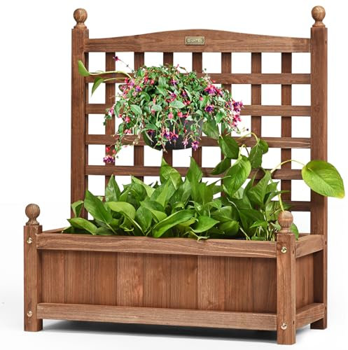 GIANTEX Jardinière Treillis en Bois, Bac avec Treillis pour Plantes Grimpantes, Bac à Fleurs Extérieur pour Terrasse, Balcon, Cour, Jardinière Brise Vue, 64 x 28 x 75 CM