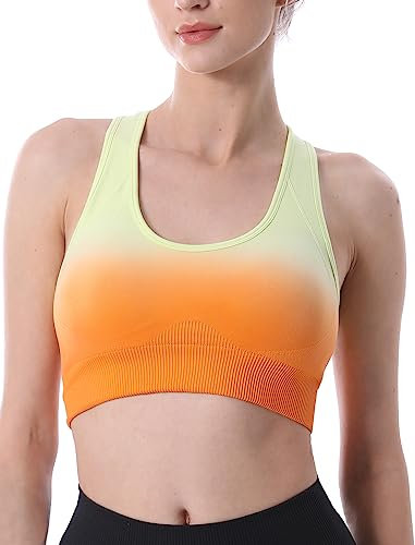 CLDFHX Damen Sport BH Starker/Mittlerer Halt Nahtlos Ohne Bügel Comfy Sport BH Racerback mit Polstern zum Yoga Joggen Laufen Pilates Fitness, Mehrfarbig Orange, XXL