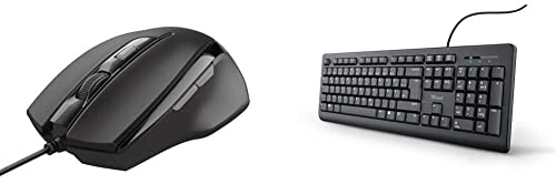 Trust 23650 Voca Comfort Maus mit Kabel, Schwarz & 24092 Taro Kabelgebundene Tastatur, Deutsches QWERTZ Layout, Leise Tasten, Spritzwassergeschützt, USB-Anschluss, 1.8 m Kabellänge – Schwarz