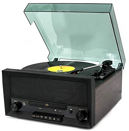 TAISK Turntable Music Center with Built-in Stereo Speakers, 8-in-1 Nostalgic Classic Wood Bluetooth Record Player with USB Play&Encoding, CD Player and FM Radio Recorder Every Family