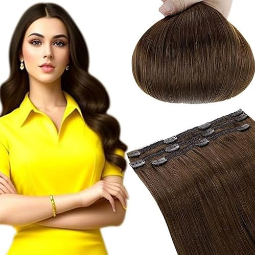 RUNATURE Echthaar Extensions Clip Braun 40cm 3 Stück Clip in Extensions Echthaar Gerade Clip Extensions Echthaar Günstig Braun Menschliches Haar 50g #4