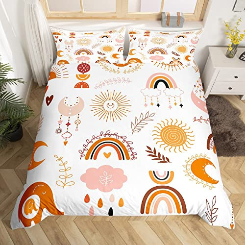 Boho Rainbow Bedding Set For Girls Single,Cute Bohemian Eyes Moon Sun Duvet Cover Kawaii Cloud Dream Catcher Comforter Cover For Kids Nursery Cartoon Hand Drawn Doodle Quilt Cover 1 Pillowcase