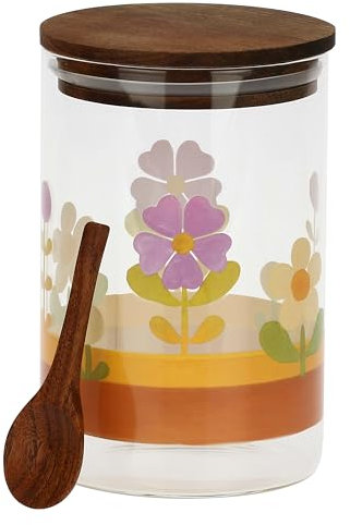 THUN, Barattolo Caffè in Vetro Borosilicato con Dosatore in Legno, Linea Florianne, Ø 10 cm, Capienza 900 ml