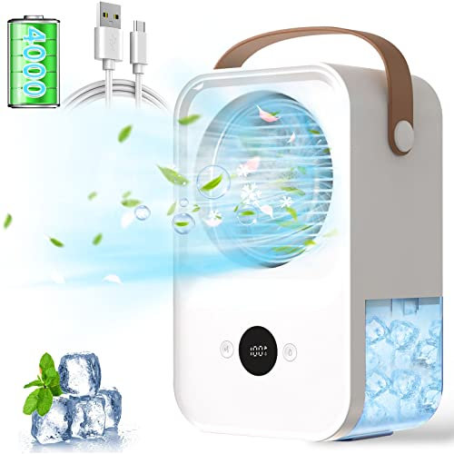 Mobile Klimaanlage, 4000mAh Mini Klimaanlage, 650ml Air Conditioner Portable Mit 4 Windgeschwindigkeiten, 4 in 1 Mini Luftkühler Wiederaufladbar Ventilator Klein Air Cooler mit Wasserkühlung