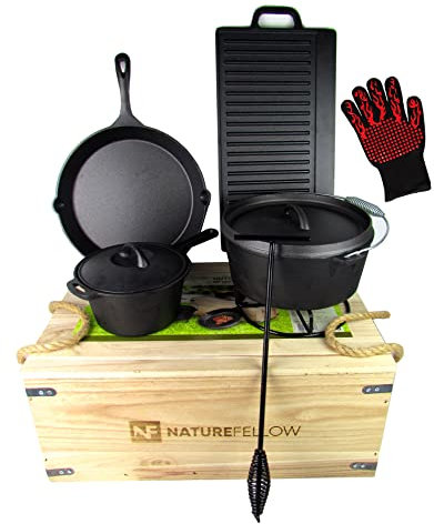 10-teiliges Dutch-Oven-Set in einer Holzkiste – Gusseisen – bereits eingebrannt – viel Zubehör – inkl. Grillhandschuh