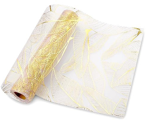Hejo Tischläufer Gold, 28cm × 10m Glänzend Gold Tischband, Wiederverwendbar Dekostoff für Hochzeit, Weihnachten, Familientisch, Ostern (Blatt-Stil, Blattvergoldung)