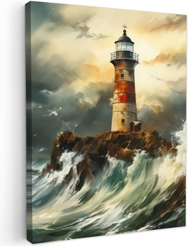 MuchoWow© Leinwände 60x80 cm Wall Decoration Bilder Schlafzimmer Deko Pictures Canvas Painting Wanddekoration Wohnzimmer Maritime - Leuchtturm - Wasser - Meer - Felsen - Ölgemälde