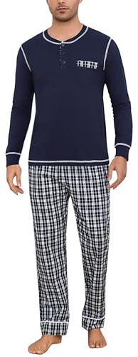 Litherday Schlafanzug Herren Lang Kariert Zweiteiliger Pyjamas Set mit Rundhals Nachtwäsche aus Baumwolle Winter Pyjama, Dunkelblau, XL