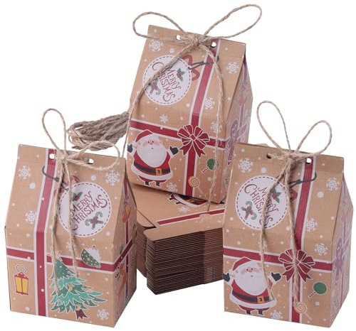 Kinsinder 30 Stück Weihnachten Geschenkbox, Kraftpapier Süßigkeitskästen, Party Geschenkboxen Mit Hanfseilen für Weihnachtsfeier Dekorationen