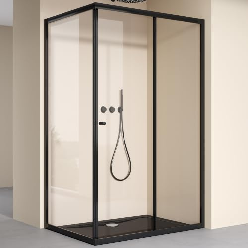 doporro Duschkabine Schiebetür Duschabtrennung 90x70cm Eckeinstieg Klarglas Eckdusche ESG Glas Höhe 190cm schwarz Ravenna16L K