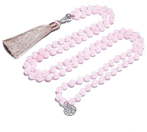 Pehvdkuq 108 Mala Prayer Beads Meditation Yoga Jewelry Knotted Japa Mala Necklace with Tree of Life Pendant for Men and Women (8mm Rose Quartz)