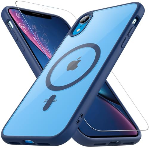 Fin2feel Für iPhone XR Hülle, Magnetisch mit Panzer Schutz Glas, Kompatibel mit MagSafe, Stoßfest Kratzfeste Robust Transparent Rückseite Schutzhülle für iPhone XR 6.1 (Blau)