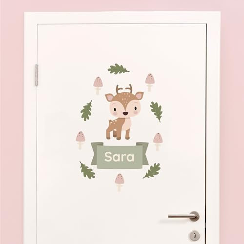 Klebekerlchen® Türaufkleber personalisiert mit Name – Wandtattoo Kinderzimmer & Babyzimmer deko – selbstklebende Wandsticker - Reh