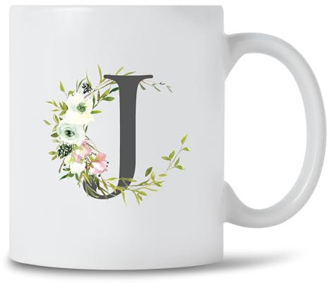 Seriously Frank Personalised Floral Initial Coffee Mug, Grey Text, A-Z Letters of The Alphabet Decorated with Flowers (Initial J)