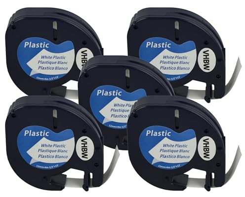 vhbw 5x Schriftband-Kassette Plastik kompatibel mit Dymo LetraTag Plus LT-100T, XM, QX50, Plus LT-100H Etiketten-Drucker 4m x 12mm Schwarz auf Weiß