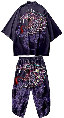 DOSLAVIDA Ensemble de cardigan style kimono japonais pour homme, style chinois, avec veste imprimée et pantalon, haut ouvert à manches 7/8 et short, 05 - Violet, 3X-Large