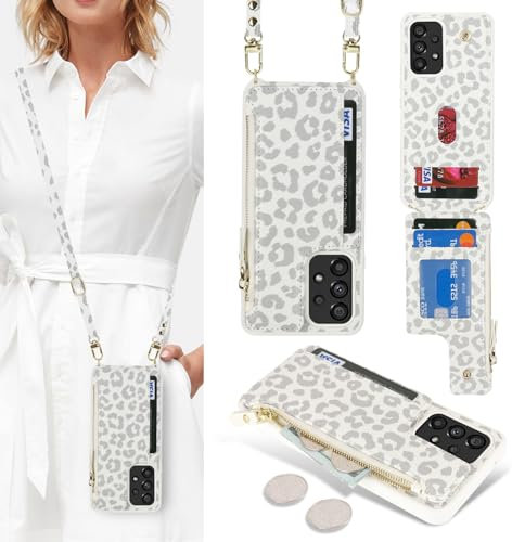 SailorTech Handyhülle für Samsung Galaxy A53 5G Etui mit Kartenfach, Samsung Galaxy A53 5G Hülle mit Verstellbarer Halskette, Samsung A53 5G Handytasche mit Reißverschluss Geldbörse-Weißer Leopard