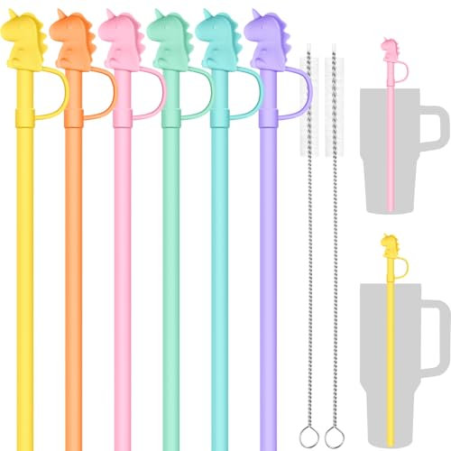 Tomorotec 6-Pack Silicone Straws with Unicorn Straw Covers Fit for Stanley 40oz 30oz Tumblers, 12-Inch Unicorn Silicone Straws w/ 2 Brushes for Outdoor & Home Use, Reusable, Dishwasher Safe (Rainbow)