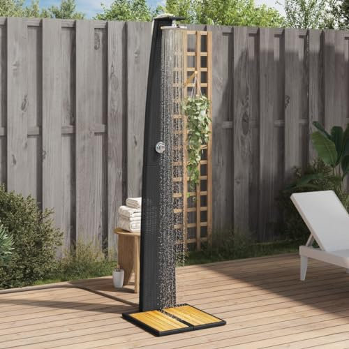 Sufrk Außendusche schwarz 55x60x224 cm Polyrattan und Akazienholz Duschabtrennung nach innen öffnend, platzsparende Duschtür