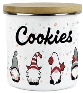 Christmas Gonks Cookies Storage Canister - Festive Xmas Gnome Character Biscuits Cookie Jar - White Metal Enamel Food Storage Container Pot Present