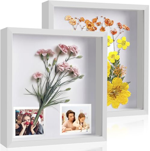 MUUKAIII 2pcs Cornice portafoto 3D - 3D Cornice Bianca 25 x 25 cm - per oggetti fino a 3 cm - Cornice Profonda per Oggetti - per Foto Bouquet di Nozze e Decorazioni Fai da T